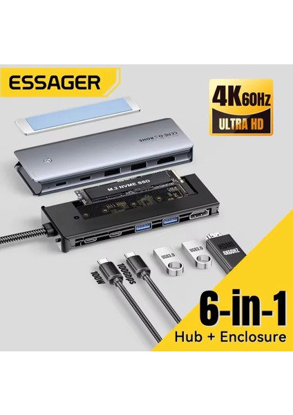 6'nın 1'i M.2 Nvme Ssd Fonksiyonlu CE/FC/ROHS Lisanslı Çoklayıcı Hub 10Gbps Type-C Pd 100W Type-C Usb3.2 Gen2 HDM 1.4 60Hz4K
