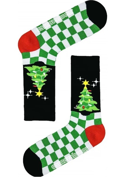 Damalı Christmas Çam Ağacı Desenli Yılbaşı Çorabı