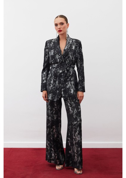 Parlak Desenli Kuşaklı Uzun Ceket - Siyah-Gümüş