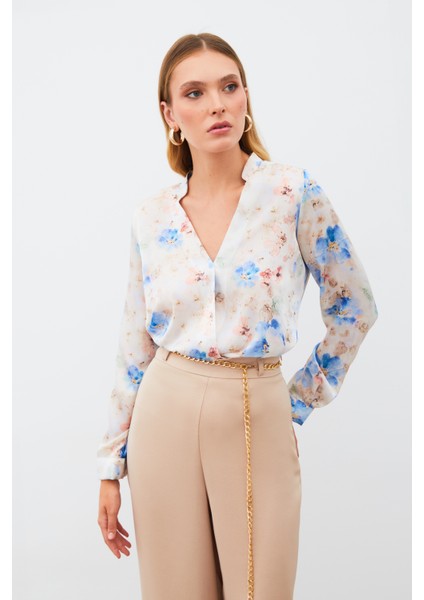 Desenli Kruvaze Bluz - Mavi fiyatları