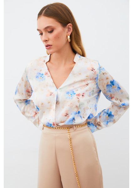 Desenli Kruvaze Bluz - Mavi modelleri