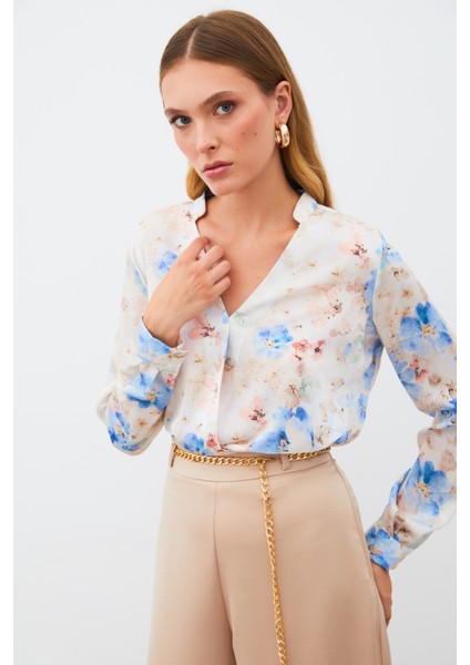 Desenli Kruvaze Bluz - Mavi fırsatları