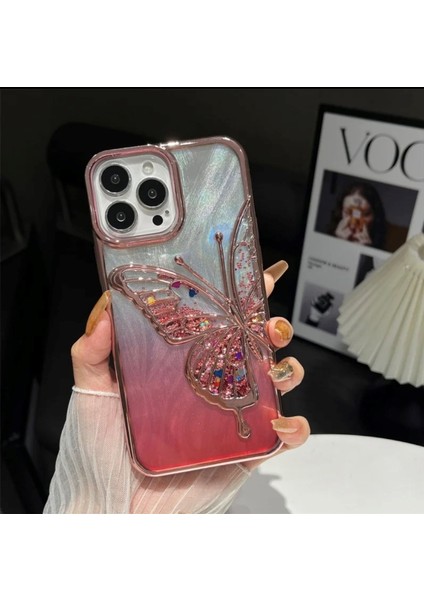 iPhone 15 Pro Max Uyumlu 3D Kelebekli Sulu Simli Kamera Koruma Çıkıntılı Lüks Kılıf