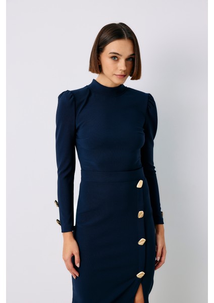 Düğme Detaylı Crop Bluz - Lacivert fiyatları