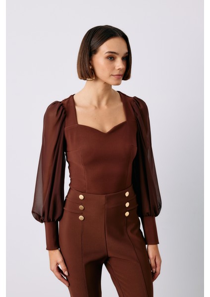 Balon Kol Crop Bluz - Kahve modelleri