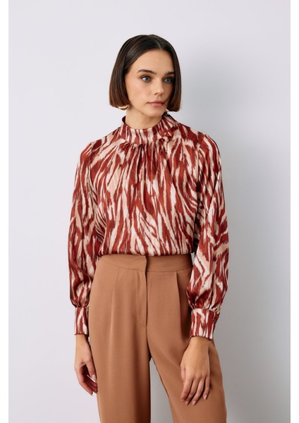 Desenli Dik Yakalı Bluz - Taba modelleri