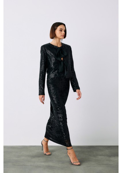 Ön Kuşaklı Payetli Kısa Ceket - Siyah fırsatları