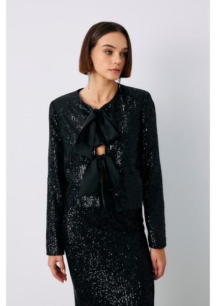 Ön Kuşaklı Payetli Kısa Ceket - Siyah indirimleri