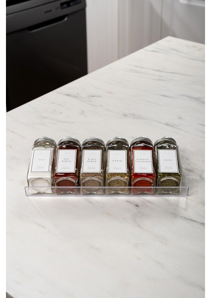 6'lı Şeffaf Pleksi Standlı Cam Baharatlık Seti Kapaklı Etiketli Baharatlık Takımı