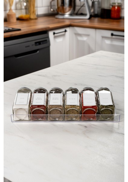 6'lı Şeffaf Pleksi Standlı Cam Baharatlık Seti Kapaklı Etiketli Baharatlık Takımı modelleri