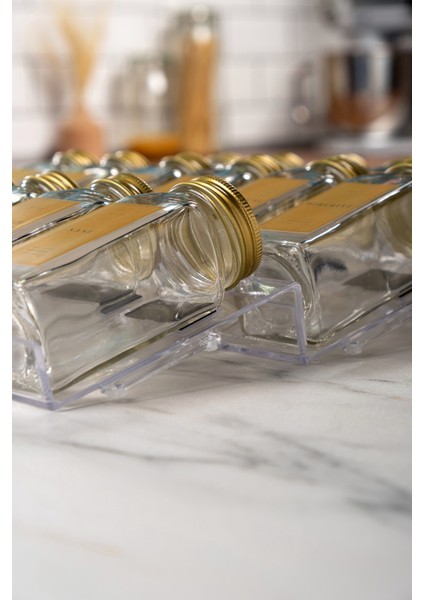 6'lı Şeffaf Pleksi Standlı Cam Baharatlık Seti Kapaklı Etiketli Baharatlık Takımı modelleri