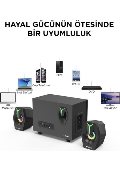 D37 Siyah Bluetooth Hoparlör 2in1 Subwoofer Rgb Işıklı Bilgisayar Hoparlörü Speaker