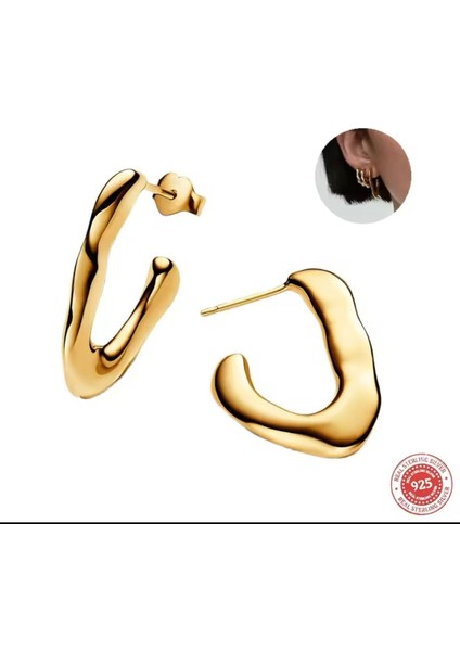 Gold Renk Gümüş Doğal V Şekilli Açık Halka Küpeler