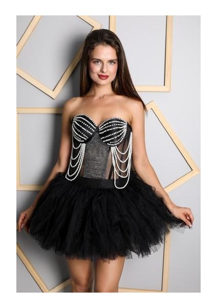 Kristal Taşlı ve Incili Zarif Çok Şık Siyah Büstiyer Korse