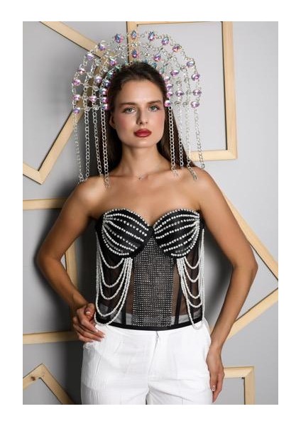 Kristal Taşlı ve Incili Zarif Çok Şık Siyah Büstiyer Korse fiyatları