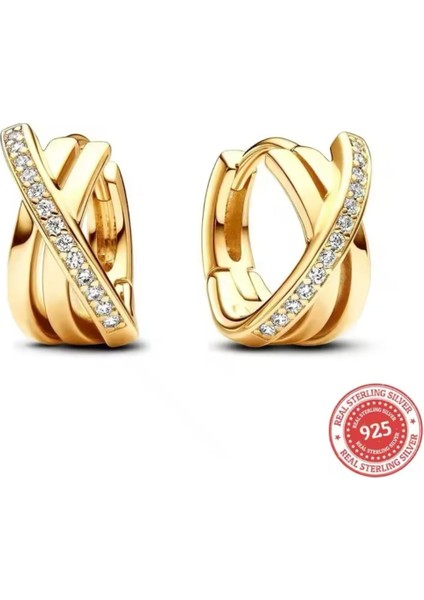Gümüş Gold Renk Pave Geçişli Halka Küpeler