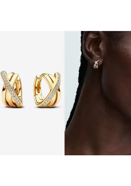 Gümüş Gold Renk Pave Geçişli Halka Küpeler modelleri