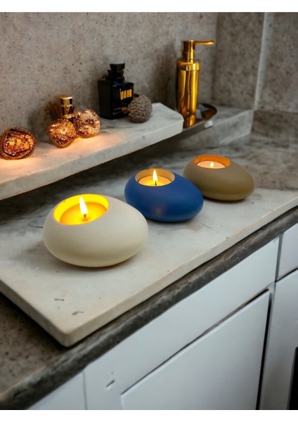 Three Drops Minimal Dekoratif Beton Tealight Mumluk 3'lü Set | Beyaz-Mavi-Vizon |