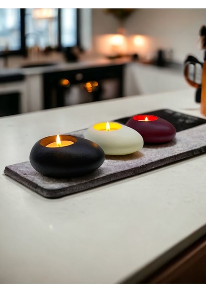 Three Drops Minimal Dekoratif Beton Tealight Mumluk 3'lü Set [ Siyah-Beyaz-Bordo ]