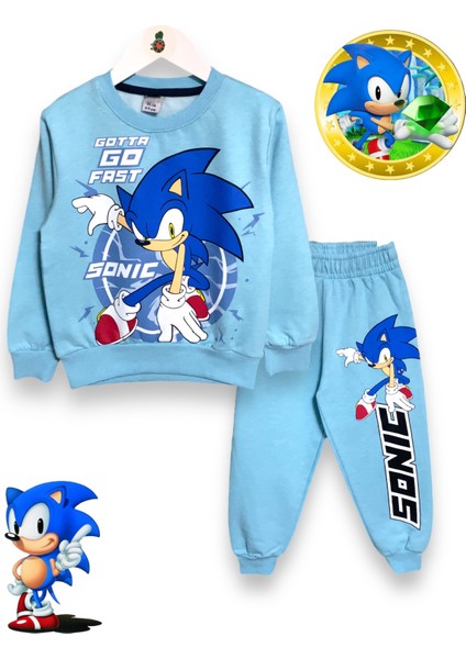 Erkek Çocuk Mavi Sonic Baskılı Uzun Kollu Şardonlu Sweatshirt / Eşofman Takımı