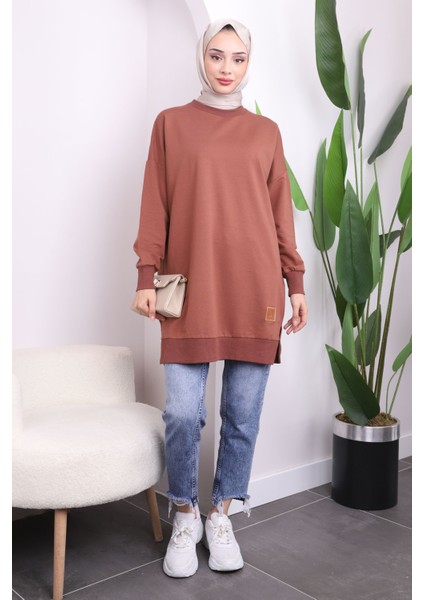 Taba Bisiklet Yaka Yan Yırtmaçlı Sweat fiyatları