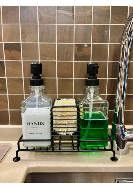 2’li Paslanmaz Metal Standlı Cam Sıvı Sabun ve Losyon Şişesi Sabunluk 500 ml Krem Sticker Hediyeli