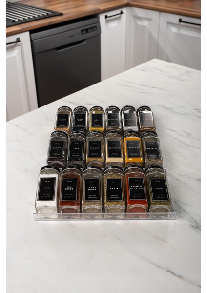 18'li Şeffaf Pleksi Standlı Cam Baharatlık Seti Kapaklı Etiketli Baharatlık Takımı MH02SYH18