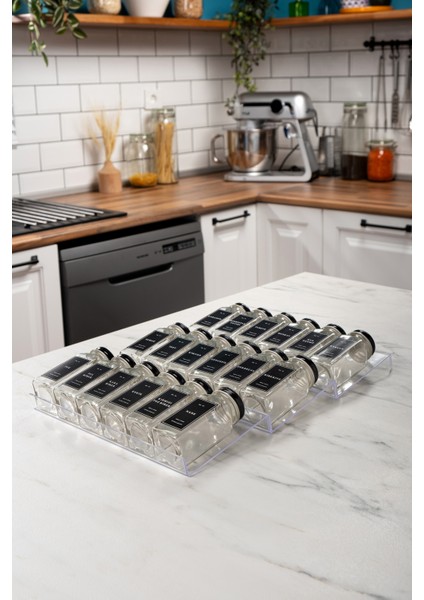 18'li Şeffaf Pleksi Standlı Cam Baharatlık Seti Kapaklı Etiketli Baharatlık Takımı MH02SYH18