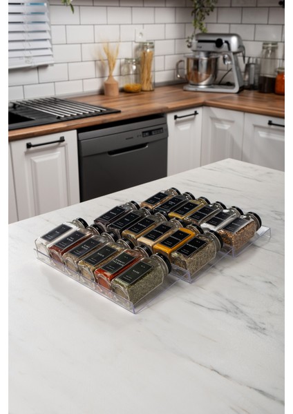 18'li Şeffaf Pleksi Standlı Cam Baharatlık Seti Kapaklı Etiketli Baharatlık Takımı MH02SYH18