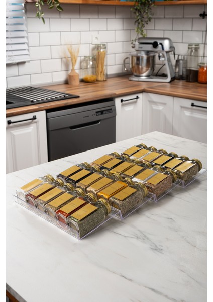 24'lü Şeffaf Pleksi Standlı Cam Baharatlık Seti Gold Kapaklı Etiketli Baharatlık Takımı MH02GLD24 fırsatları