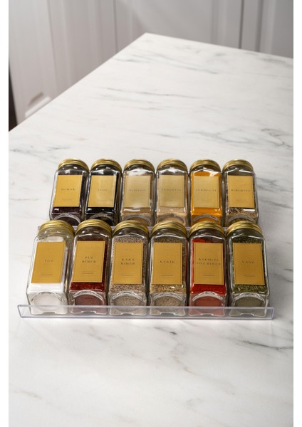 12'li Şeffaf Pleksi Standlı Cam Baharatlık Seti Kapaklı Etiketli Baharatlık Takımı MH02GLD12 indirimleri