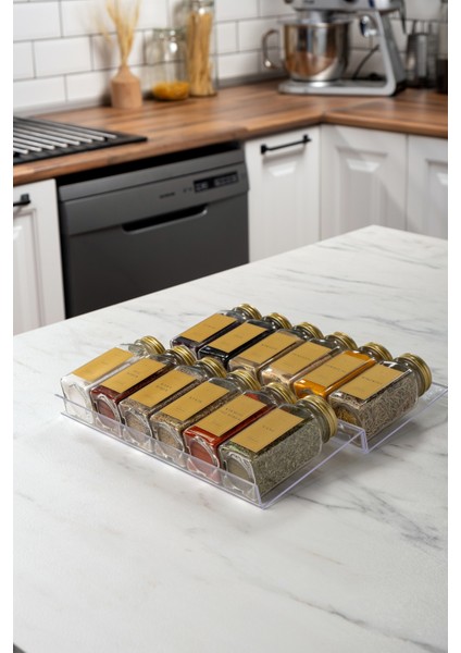 12'li Şeffaf Pleksi Standlı Cam Baharatlık Seti Kapaklı Etiketli Baharatlık Takımı MH02GLD12