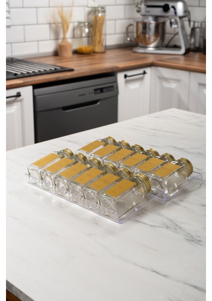 12'li Şeffaf Pleksi Standlı Cam Baharatlık Seti Kapaklı Etiketli Baharatlık Takımı MH02GLD12