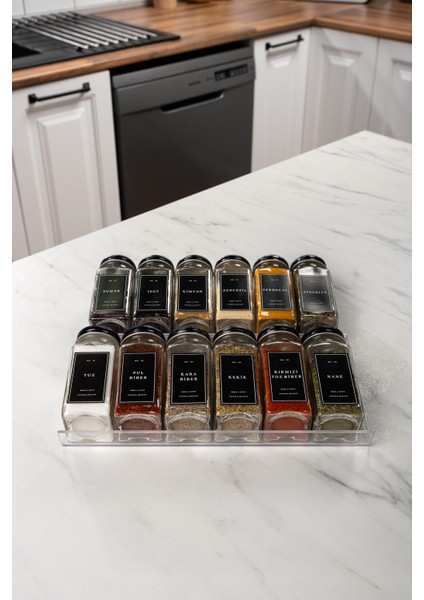 12'li Şeffaf Pleksi Standlı Cam Baharatlık Seti Kapaklı Etiketli Baharatlık Takımı MH02SYH12