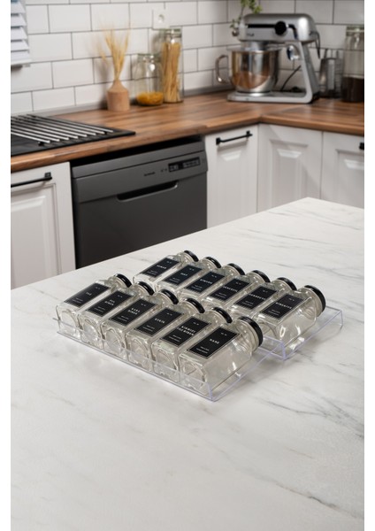 12'li Şeffaf Pleksi Standlı Cam Baharatlık Seti Kapaklı Etiketli Baharatlık Takımı MH02SYH12