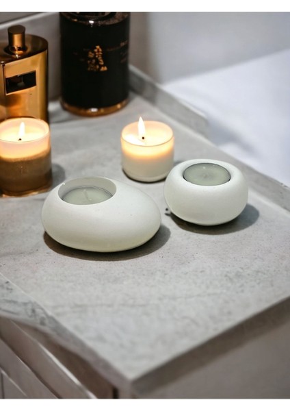 Drop&spot Dekoratif Beton Tealight Mumluk 2'li Set Açık Beyaz