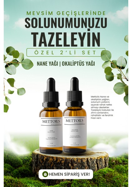 Nefes ve Burun Tıkanıklığı Için Açıcı Saf & Doğal Nane ve Okaliptüs Uçucu Yağ Seti