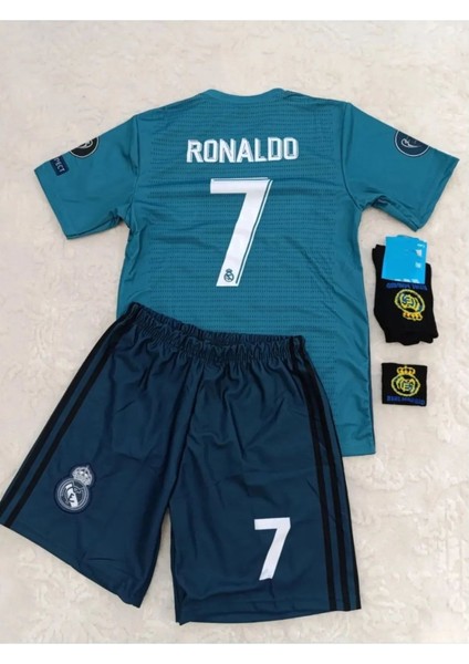 Real Madrid Ronaldo Turkuaz 2018 Sezon Deplasman Çocuk Alt-Üst Forma Takımı 4'lü Set Çorap+Bileklik