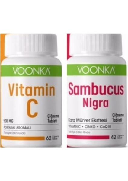 Vitamin C Portakal Aromalı 62 Çiğneme Tableti - Voonka Sambucus Nigra 42 Çiğneme Tableti