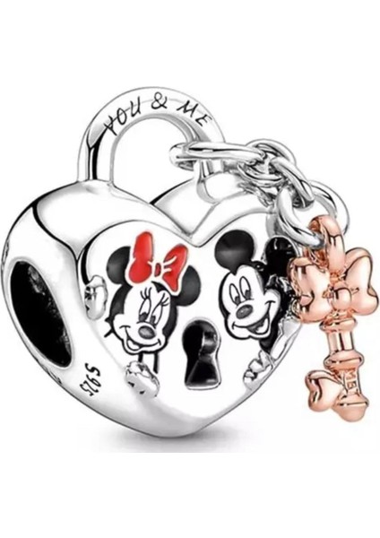 Disney Mickey Mouse ve Minnie Kilit Charm 925 Ayar Gümüş Charm