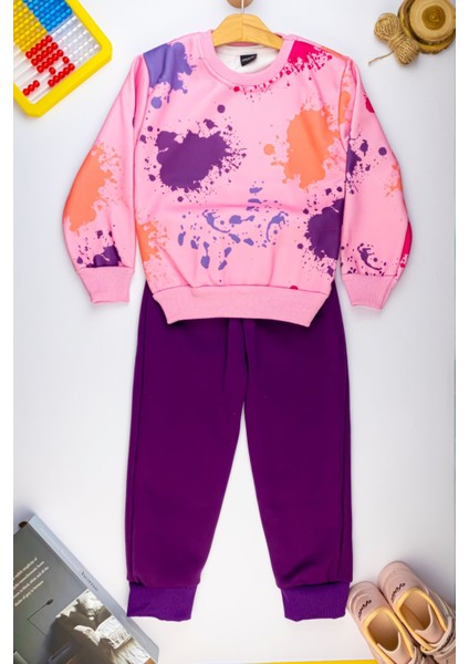 Şardonlu 3 Iplik Konforlu ve Şık Kız Çocuk Sweatshirt Takım - Boyalı Eğlenceli Desen 3-9 Yaş modelleri