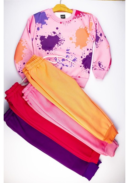 Şardonlu 3 Iplik Konforlu ve Şık Kız Çocuk Sweatshirt Takım - Boyalı Eğlenceli Desen 3-9 Yaş indirimleri