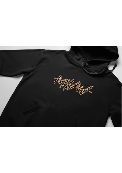 Leopar Hoodie Baskılı Kalın Pamuklu Oversize Siyah Sweatshirt