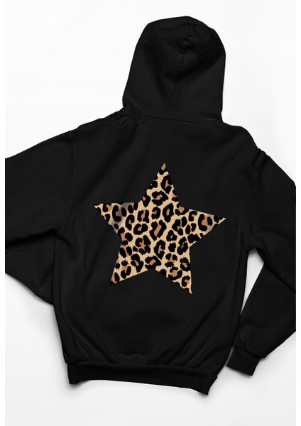 Leopar Hoodie Baskılı Kalın Pamuklu Oversize Siyah Sweatshirt