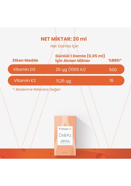 D3&K2 Vitamin D3 ve Vitamin K2 İçeren Takviye Edici Gıda 20 ml