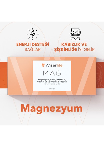 MAG Magnezyum, Çinko, Vitamin C, Vitamin B6 ve Vitamin D3 İçeren Takviye 30 Saşe