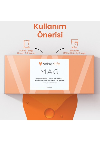 MAG Magnezyum, Çinko, Vitamin C, Vitamin B6 ve Vitamin D3 İçeren Takviye 30 Saşe