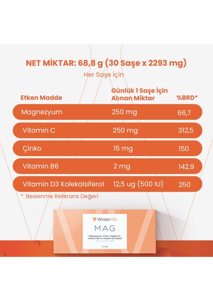 MAG Magnezyum, Çinko, Vitamin C, Vitamin B6 ve Vitamin D3 İçeren Takviye 30 Saşe