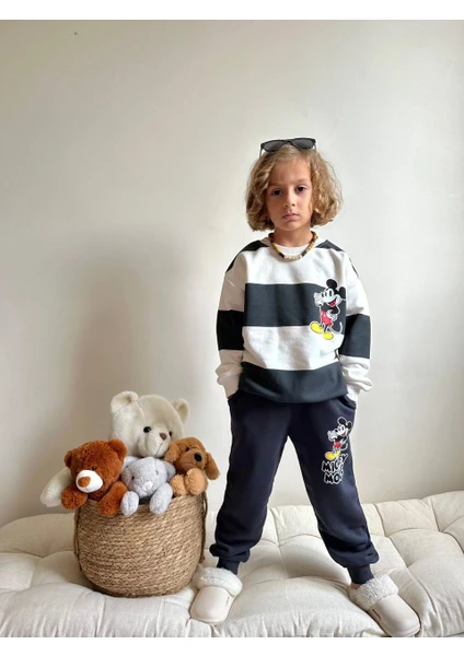 Sacro Kids Mickey Mouse Baskılı Siyah Çizgili Eşofman-Sweatshirt 3 Iplik Kışlık Erkek Çocuk Takım