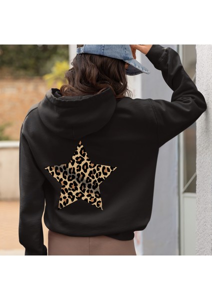 Leopar Hoodie Baskılı Kalın Pamuklu Oversize Siyah Sweatshirt